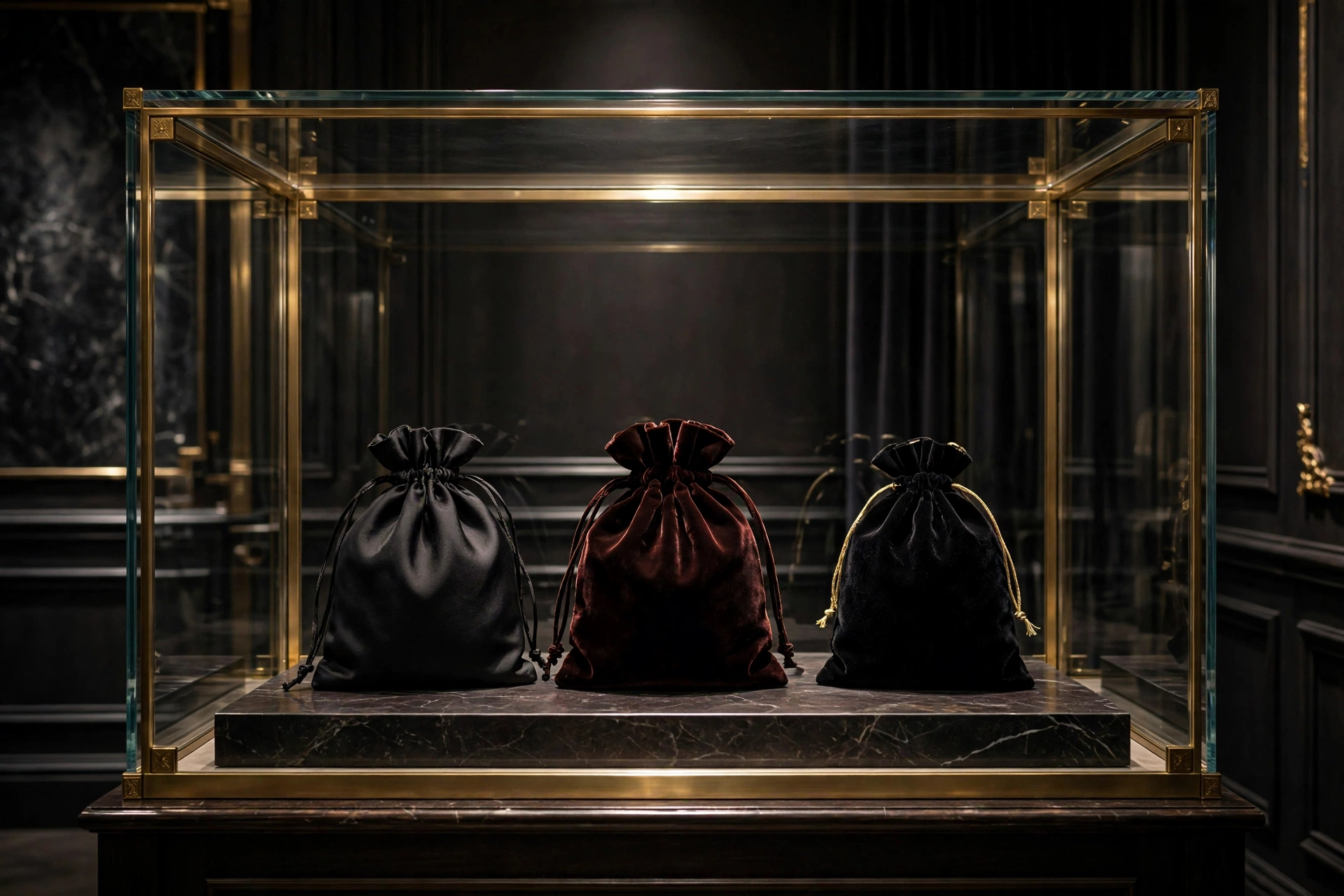 Three velvet gris-gris bags displayed inside a brass-framed glass vitrine